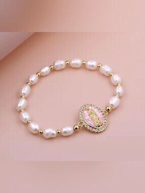 🩷🤍NEW🩷🤍 PRETTY!! CZ & Freshwater Pearl Blessed Mary Stretch Bracelet In PINK